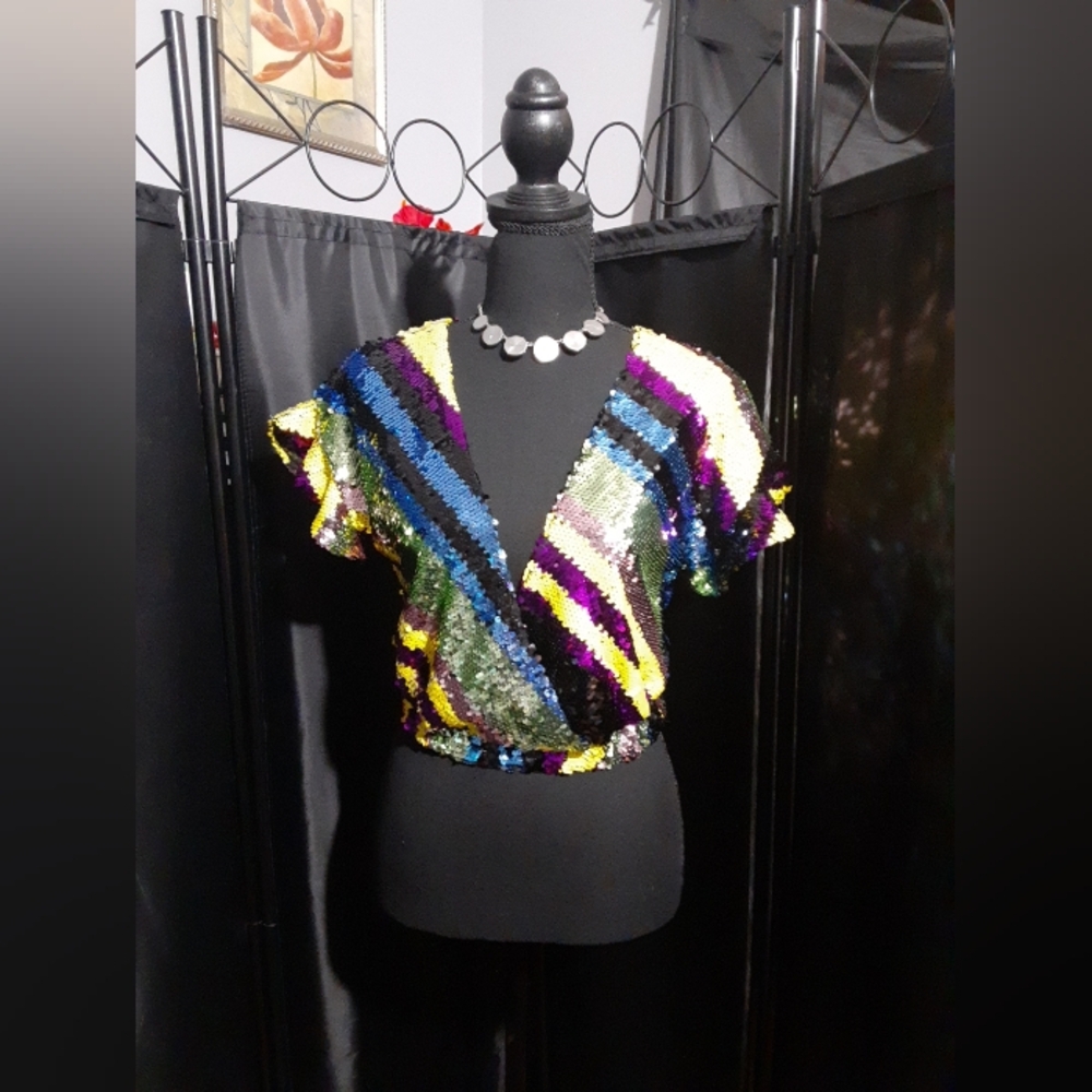Anthropologie Rdalamal Green and Blue Sequin Metalic Sleeve Blouse Sycadelic S/P - Picture 2 of 9